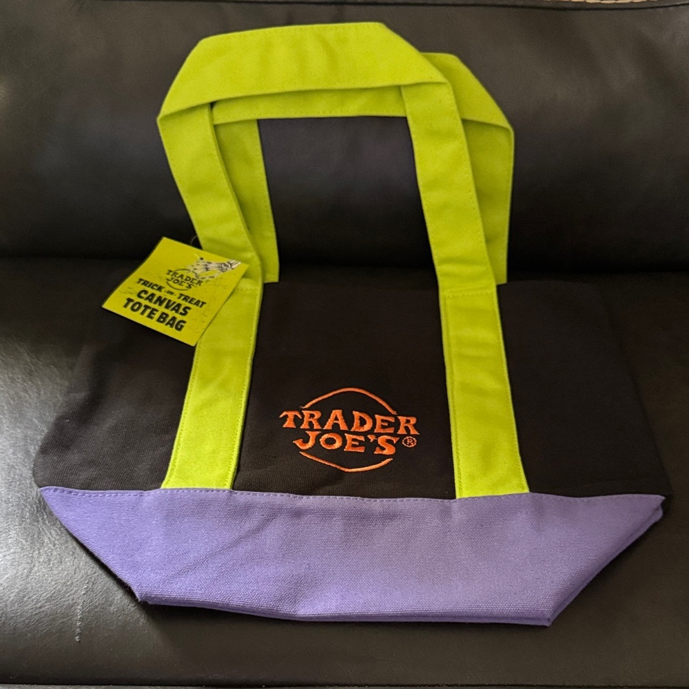 Black Canvas Tote Bag with Lime Handles and Purple Base